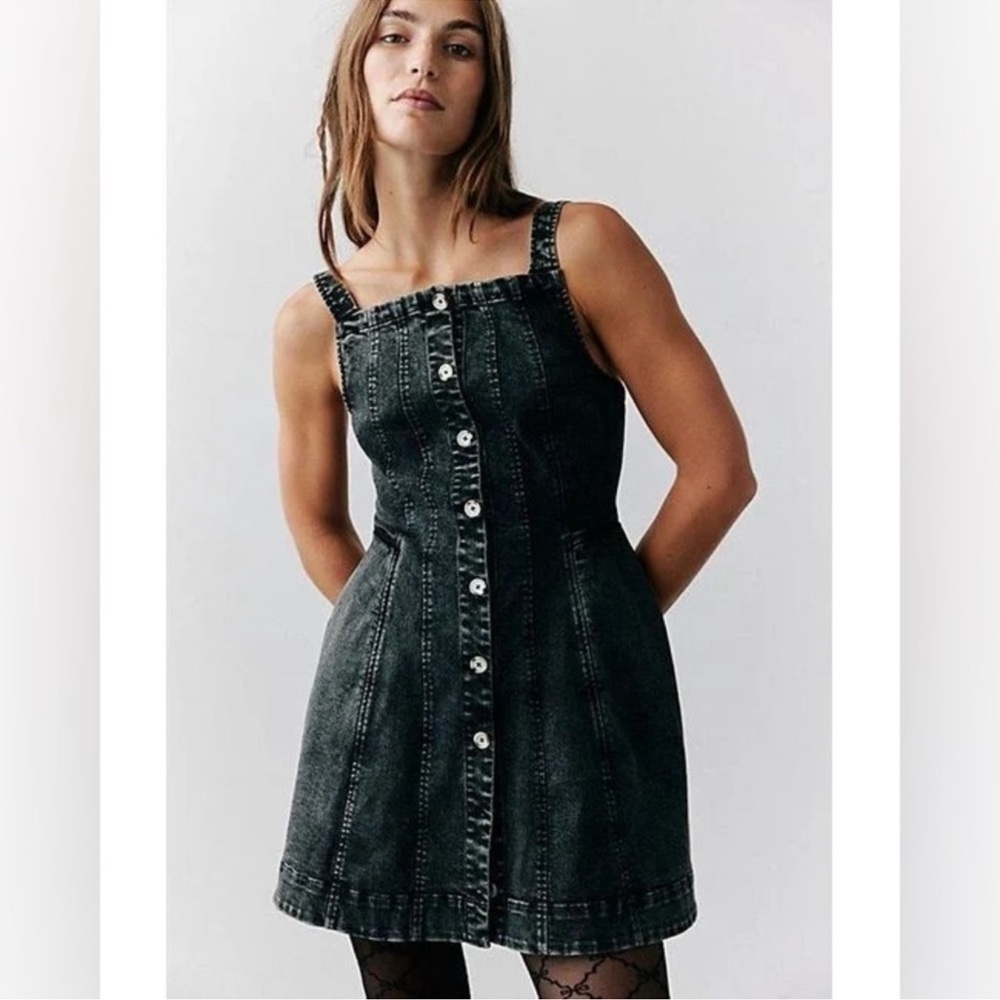 Free People Gimme More Denim Mini Overall Dress Fit Flare Gray Wash X-Small New